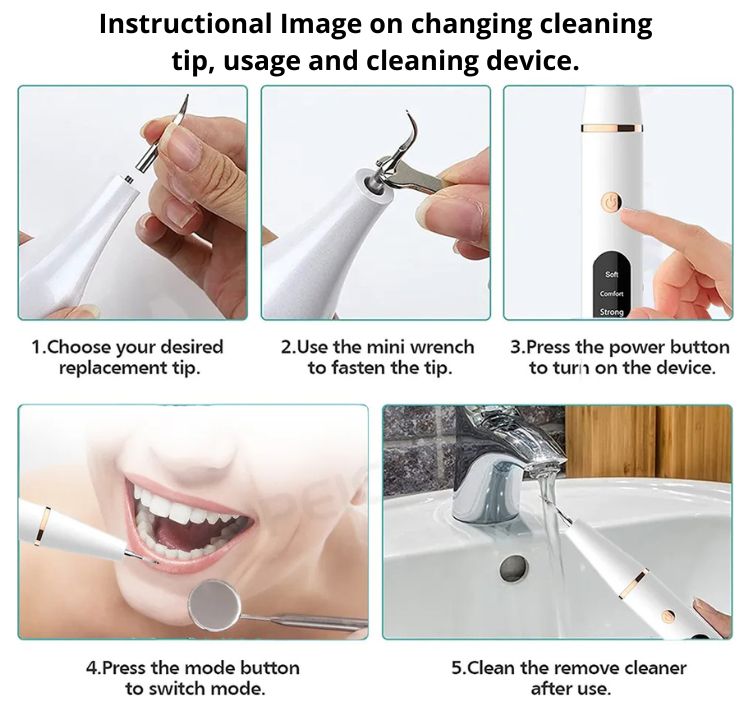 Instructional Image Displaying the Attachment of a Cleaning Tip to an Ultrasonic Dental Scaler using the Included Wrench, Highlighting the Device's Water-Resistant Feature Allowing for Cleaning under Running Water.