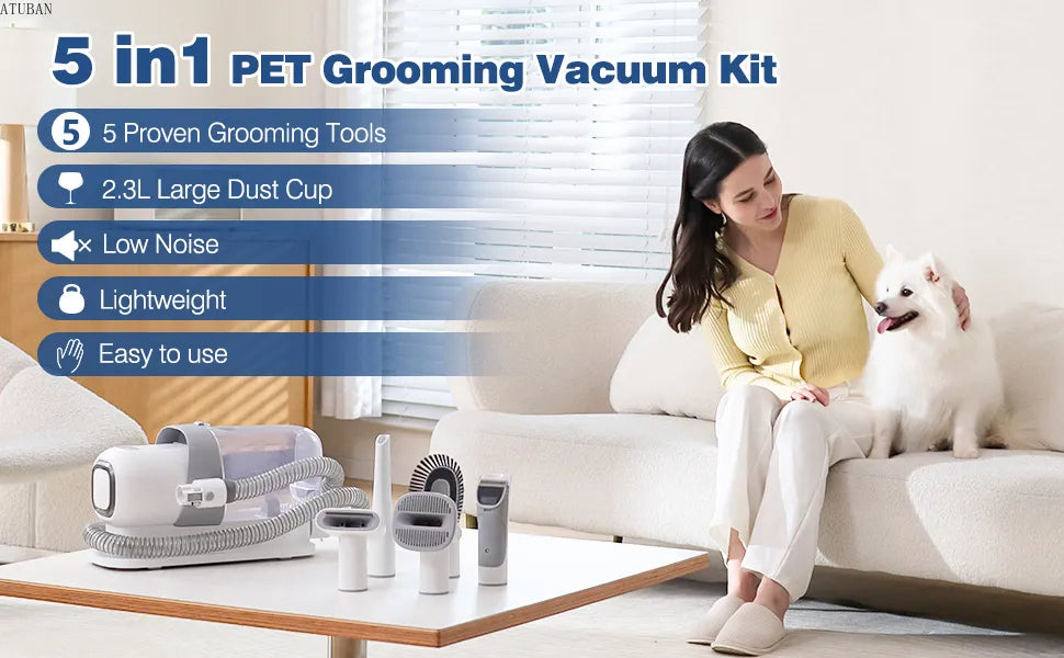 5-in-1 professional grooming tools with quiet 2.3L dust and hair vacuum kit, lightweight and easy to use.