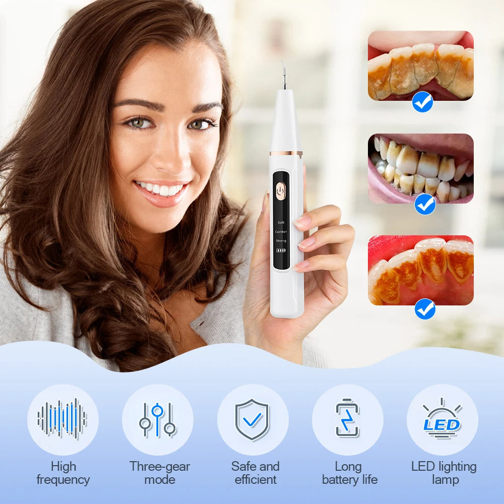 Ultrasonic Dental Cleaning Device showcasing High Frequency, Three Cleaning Modes, Safety Features, Efficient Long Battery Life, and LED Lighting for Effective Stain, Plaque, and Tartar Removal.