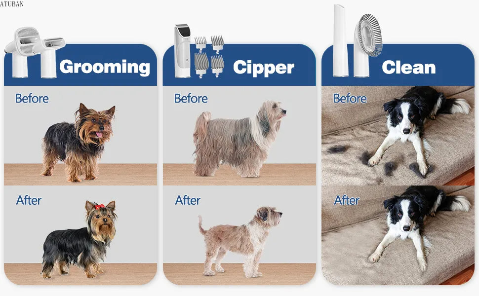 Before and after visuals of pets, showcasing the transformative results of using the grooming tool set, the trimmer/clipper and the cleaning tool for a neat and polished appearance.