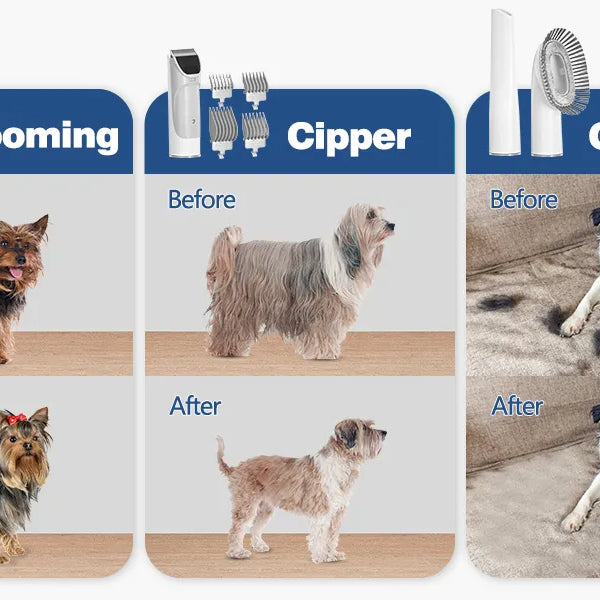 Before and after visuals of pets, showcasing the transformative results of using the grooming tool set, the trimmer/clipper and the cleaning tool for a neat and polished appearance.