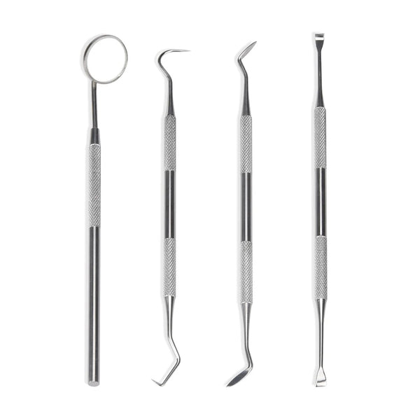 Dental Hygiene Set with Four Popular Instruments for Plaque and Tartar Removal, Including Scalers and Picks for Oral Care Maintenance.