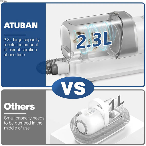 Image highlights the Atuban model's 2.3L large capacity, illustrating its superior hair absorption ability compared to smaller-capacity models that frequently jam and require mid-grooming emptying.