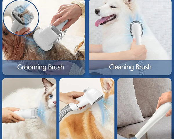 Complete grooming vacuum kit with brush, cleaning tool, clippers, deshedding attachment, and nozzle head for pet hair removal on furniture.