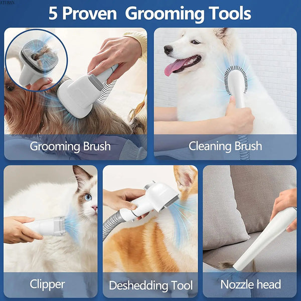 Complete grooming vacuum kit with brush, cleaning tool, clippers, deshedding attachment, and nozzle head for pet hair removal on furniture.