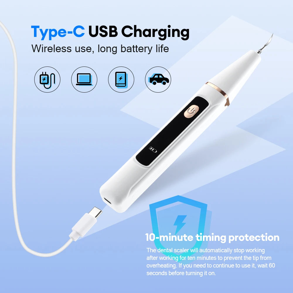 Type-C USB Charging Port and Built-in 10-Minute Timing Protection Feature on a Dental Scaler, Designed to Automatically Shut Off After 10 Minutes to Prevent Overheating for Safe Use with Pets and Humans.