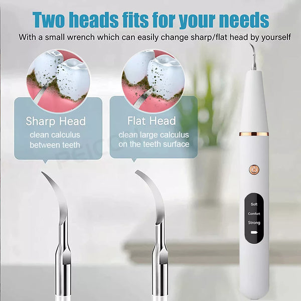 Dental Scaler Package with Two Interchangeable Cleaning Tips: One for Tooth Surface Scrubbing and Another for Interdental Gap Cleansing.