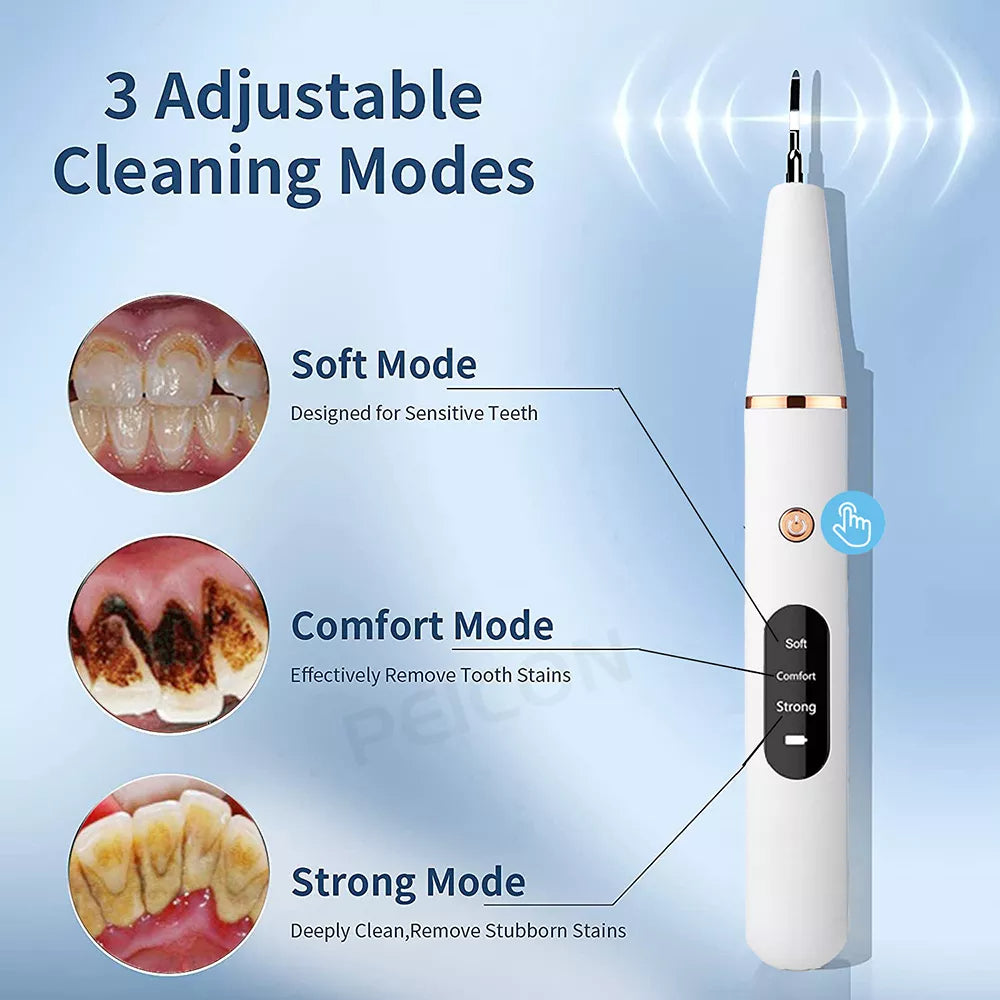 Dental Scaler with Three Adjustable Modes for Customized Oral Care: Safe Mode for Sensitive Teeth, Comfort Mode for Effective Stain, Tartar, and Plaque Removal, and Strong Mode for Deep Cleaning and Stubborn Stain Removal