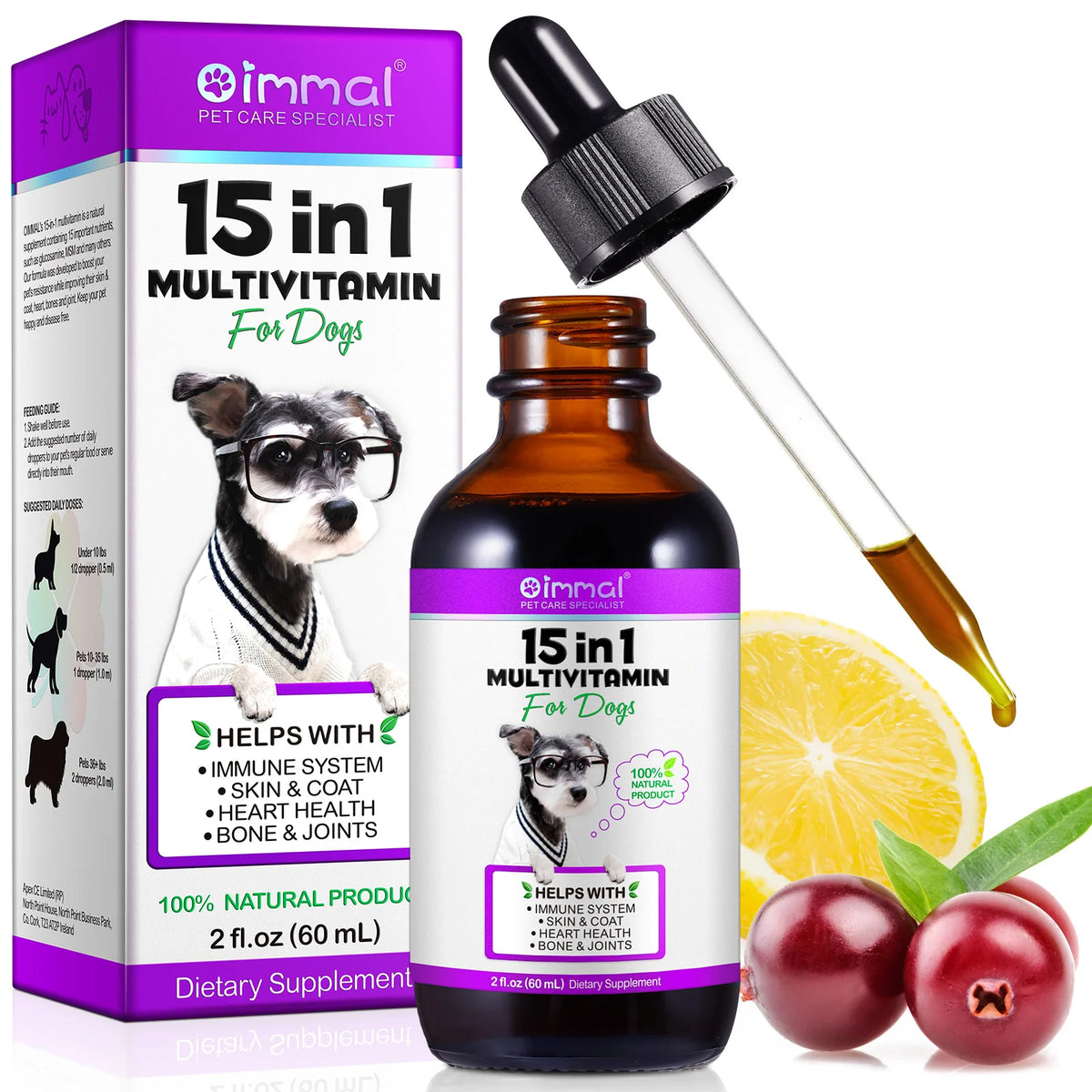 15 IN 1 Multivitamin Helps With Immune System Skin & Coat Heart Health Bone & Joints 100% Natural 60ml