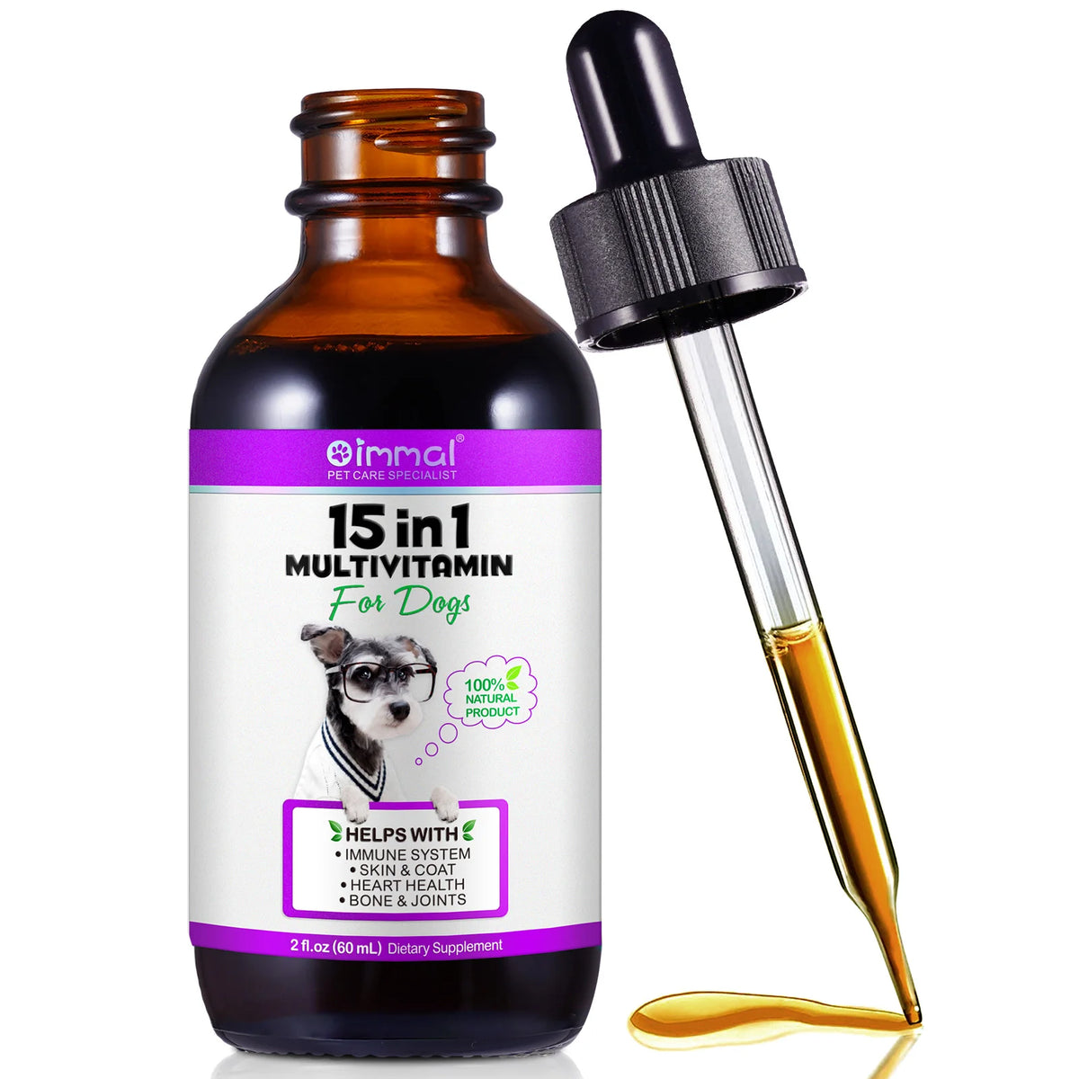 15 IN 1 Multivitamin Helps With Immune System Skin & Coat Heart Health Bone & Joints 100% Natural 60ml