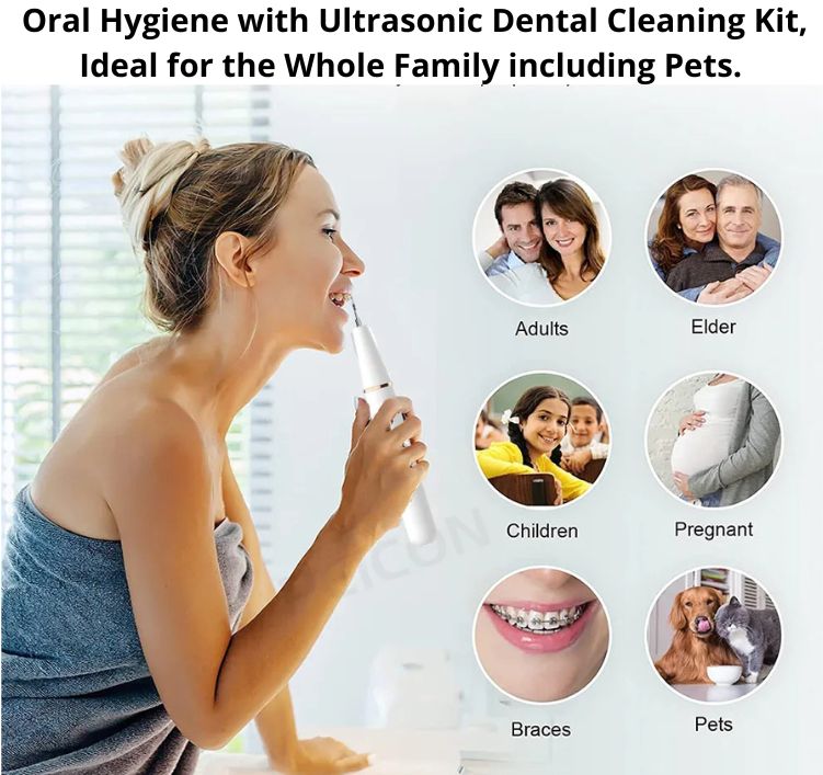 Woman Practicing Oral Hygiene with Dental Scaler in Mirror, Ideal for Whole Family Use Including Adults, Seniors, Children, Pregnant Women, Individuals with Braces, and Pets.