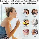 Woman Practicing Oral Hygiene with Dental Scaler in Mirror, Ideal for Whole Family Use Including Adults, Seniors, Children, Pregnant Women, Individuals with Braces, and Pets.