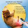 Image demonstrates the safe use of the innovative handheld laser therapy device on pets for inflammation reduction, recovery support, and wound healing, suitable for both human and pet care. The device shows 2 wavelengths, 4 intensity levels and 4 duration settings