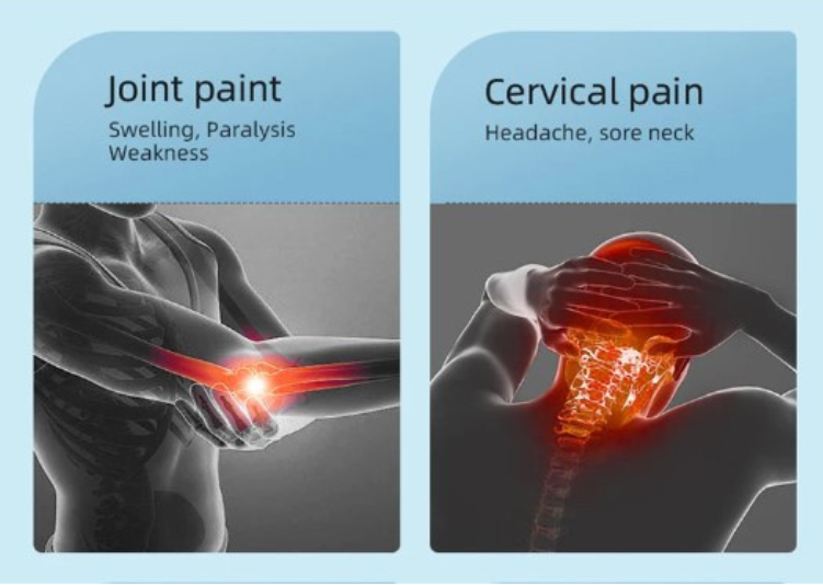 Image listing laser therapy device applications including relief for joint, cervical, waist, leg, and rheumatic pains.