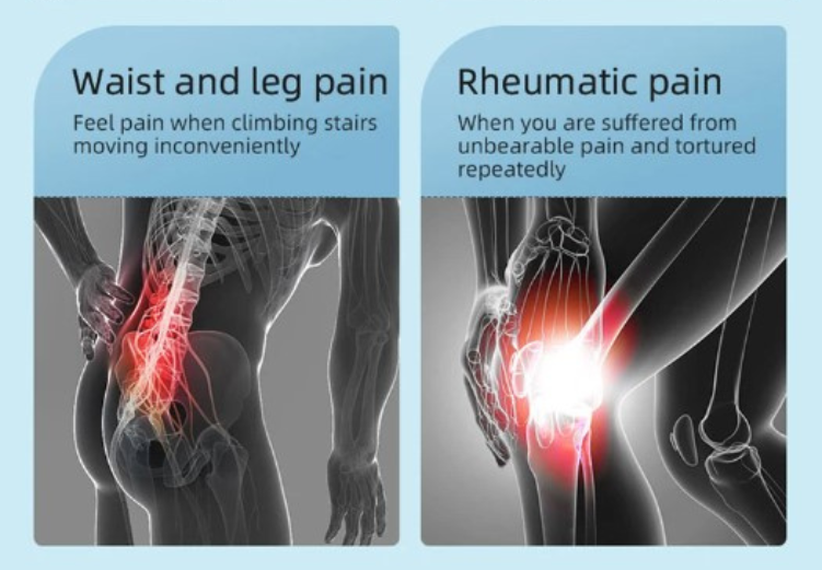 Image listing laser therapy device applications including relief for joint, cervical, waist, leg, and rheumatic pains.