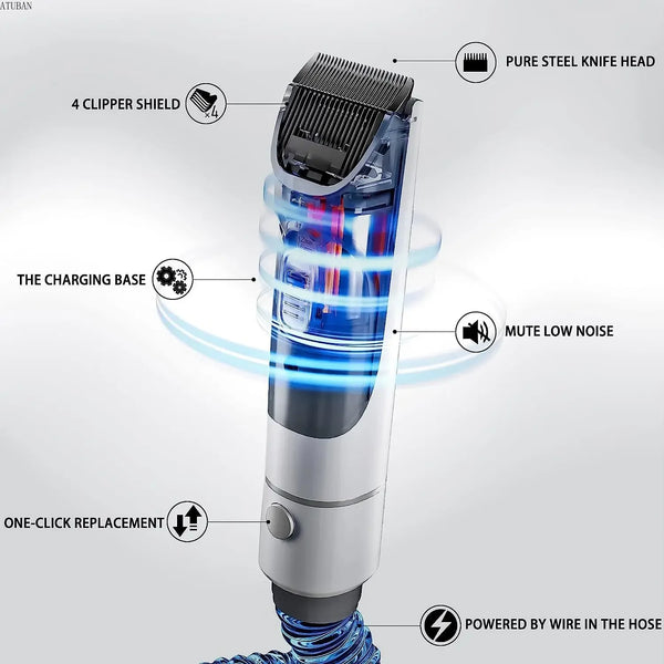 Image of professional-grade trimmer/clipper featuring a pure steel knife head, one-click replacement, four clipper shields, charging base, and a low-noise, wire-powered trimmer integrated within the vacuum hose.