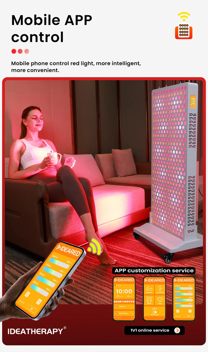 Red Light Panel with Mobile App Control: 480, 590, 630, 660, 670, 810, 830, 850, 1060nm Bluetooth full body Therapy