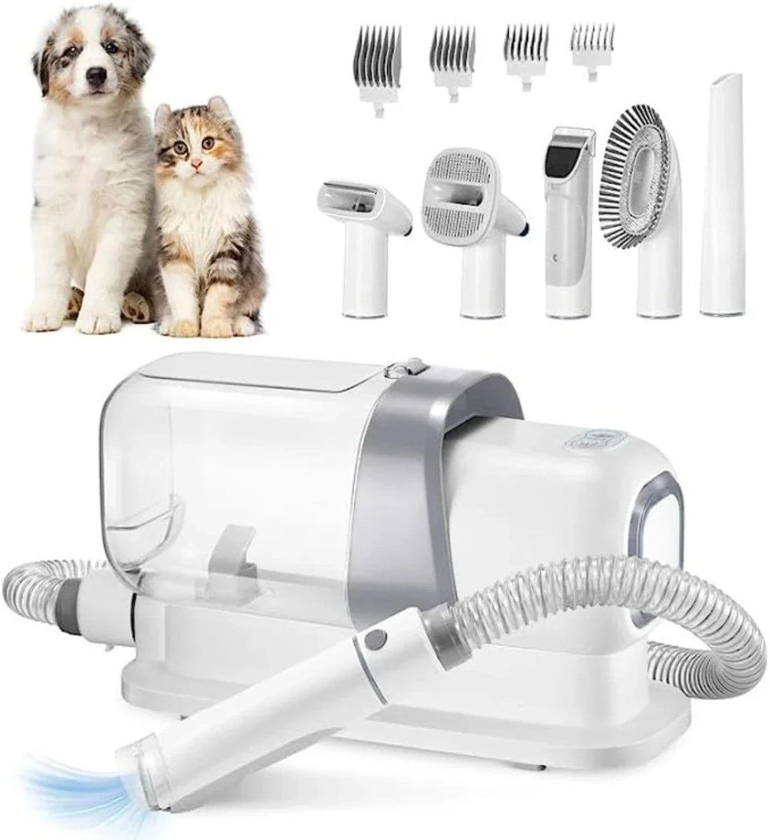 The image presents the entire Vacuum Grooming Set, portraying a comprehensive solution for the grooming and hygiene of joyful cats and dogs, while also promoting a cleaner, allergen-free home atmosphere without loose pet hair.