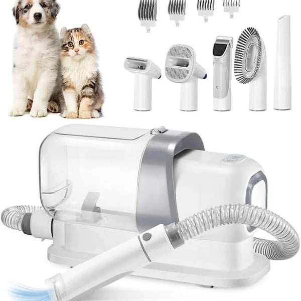 The image presents the entire Vacuum Grooming Set, portraying a comprehensive solution for the grooming and hygiene of joyful cats and dogs, while also promoting a cleaner, allergen-free home atmosphere without loose pet hair.