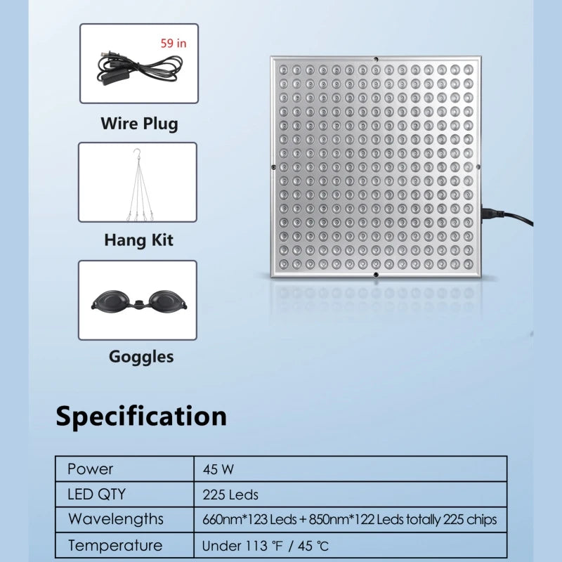 45W Red Light Therapy Panel Lamp for Anti Aging Treatment for Pain Relief, Skincare  & Facial Beauty with 225 LEDs