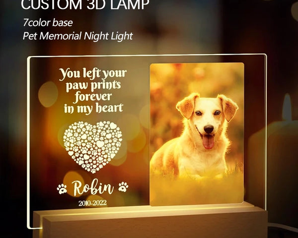 Pet LED Night Lamp Personalized 3D Memorial Gift with Wooden Photo Frame