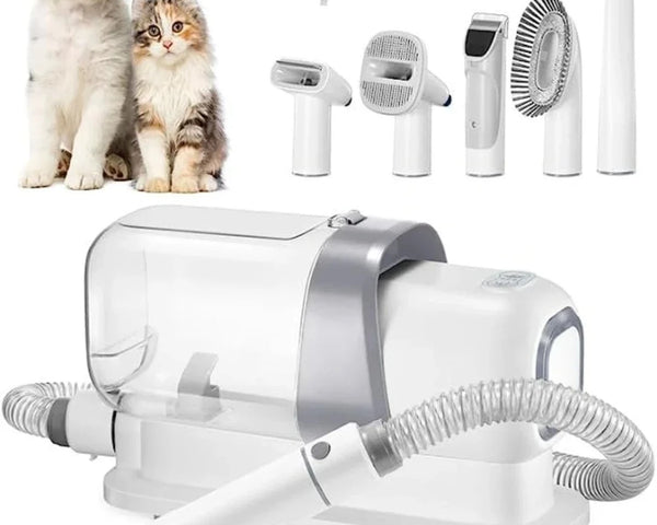 5-in-1 professional pet grooming vacuum kit featuring a quartet of precision trimming clippers and additional tools, designed for quiet, lightweight, and effortless home pet care.